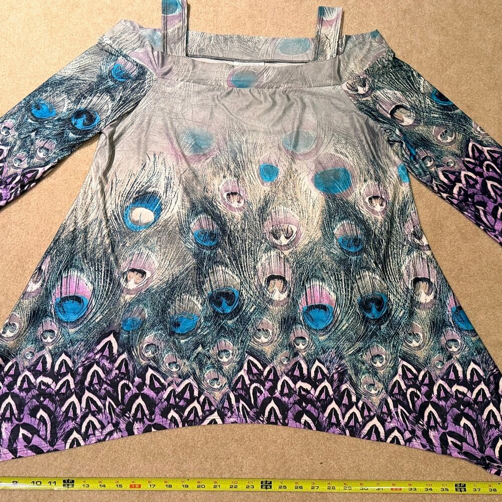 Come N See Women’s Peacock Feather Print Tunic Top Cold Shoulder Strappy Gray 3X